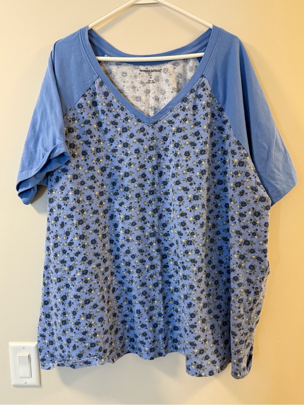 Woman Within Blue Floral V-Neck Raglan Tee